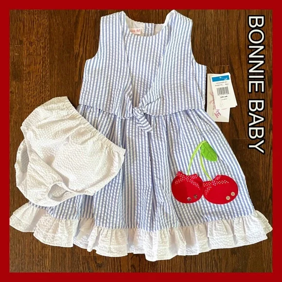 NWT BONNIE BABY 2Pc. DRESS-BLOOMERS SEERSUCKER BLUE/WHT STRIPE - Picture 1 of 8